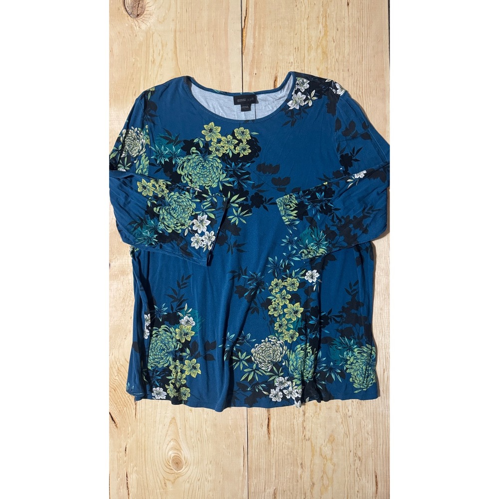 J Jill Wearever Blue Floral Rayon Lycra 3/4 Sleeve Tunic Top Womens Large L